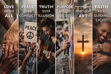 Collage showing diverse people and themes of love, peace, truth, purpose, responsibility, and faith.