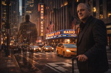 Man with suitcase stands near Radio City in a busy city street at dusk.