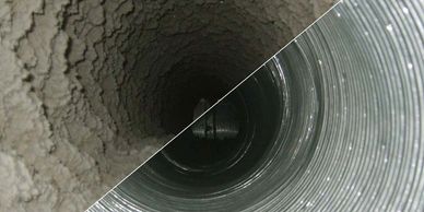 Inside view of a dryer vent showing dangerous lint buildup before cleaning service.