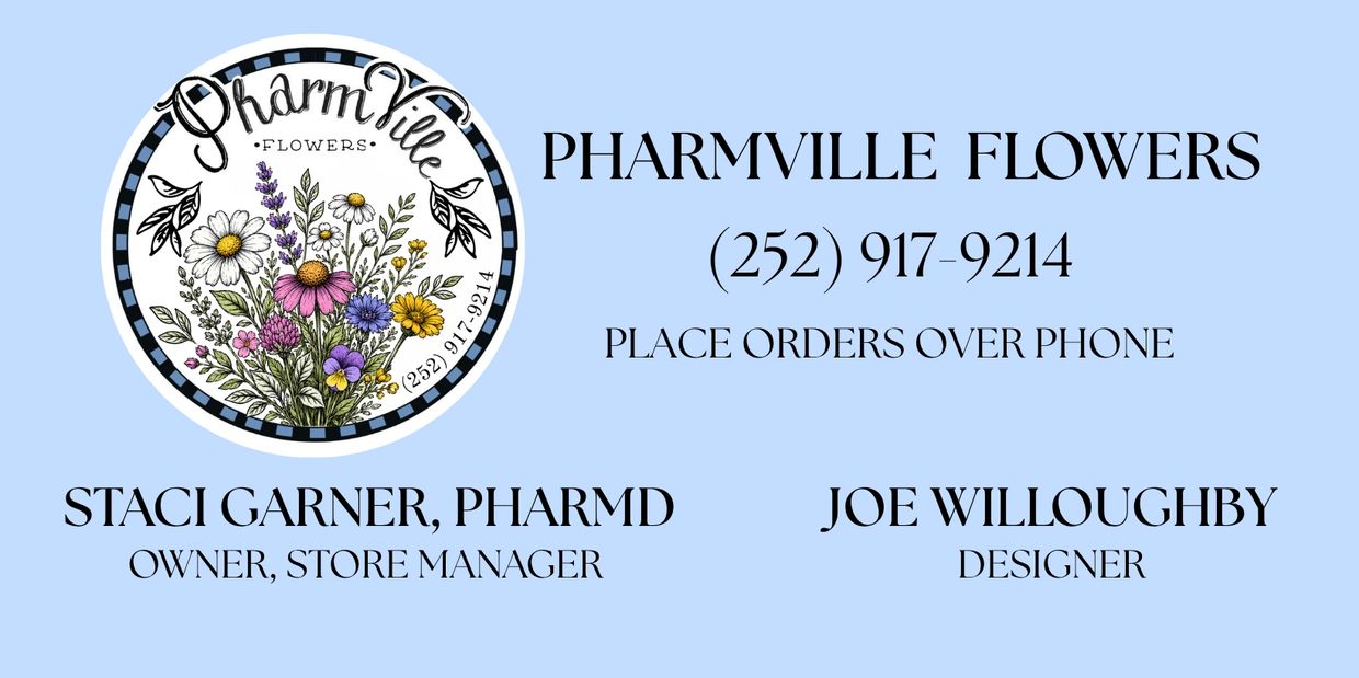 Pharmville Flowers business card with contact and staff details.