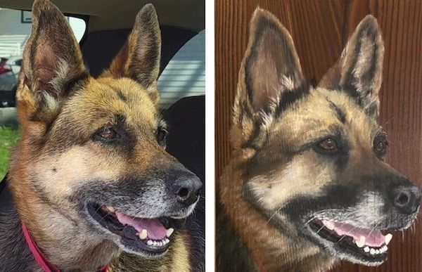 Side-by-side comparison of a real German Shepherd and its detailed painting.