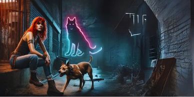 banner for The Werewolf Whisperer - woman sitting in alley with her dog