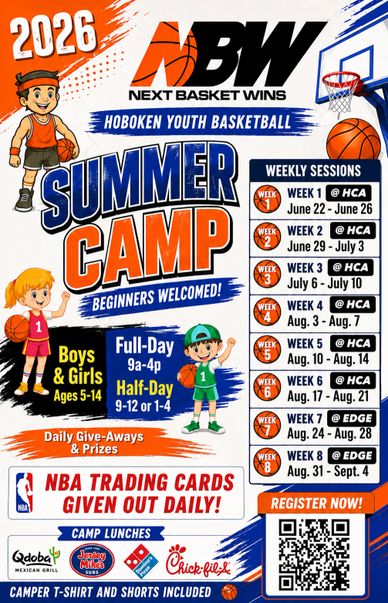 Hoboken Youth Basketball 2026 summer camp for boys and girls ages 5-14 with full and half-day sessions.