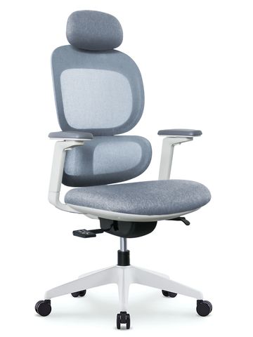 Ergonomic grey office chair with adjustable headrest and armrests.