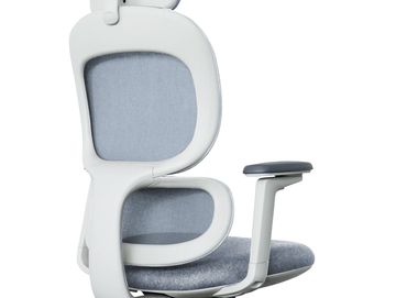 Modern ergonomic office chair with white frame and gray cushions.