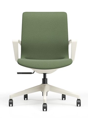 Modern green office chair with white frame and wheels.