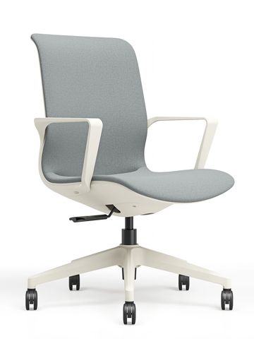 Modern ergonomic office chair with grey fabric and white frame.