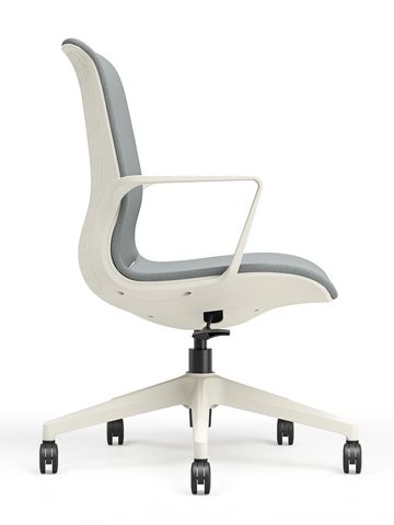 Modern ergonomic office chair with white frame and gray cushion.