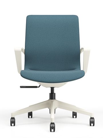 Modern office chair with blue fabric and white frame on wheels.