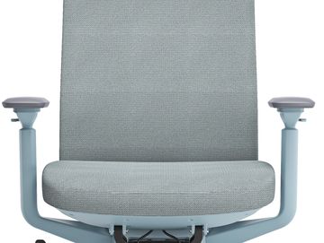 Modern ergonomic office chair with adjustable armrests and mesh back.