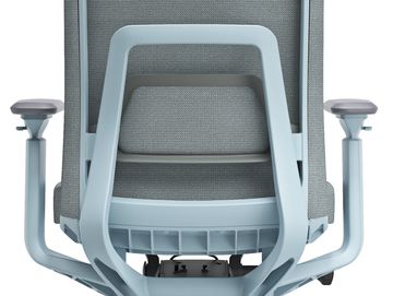 Back view of a modern ergonomic office chair with adjustable armrests.