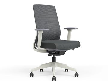 Modern ergonomic office chair with grey mesh back and white frame.