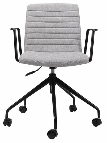 Modern gray office chair with armrests and wheels.