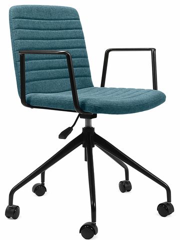 Modern office chair with teal fabric and black metal frame on wheels.