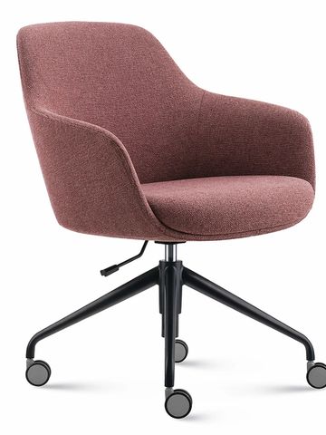 Modern office chair with mauve fabric and black wheeled base.