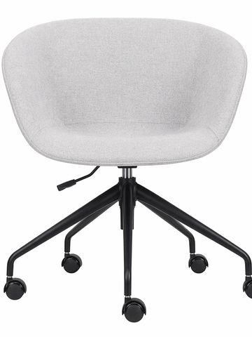 Modern gray office chair with black wheels and adjustable height.