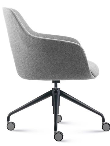 Modern gray office chair with wheels and fabric upholstery.