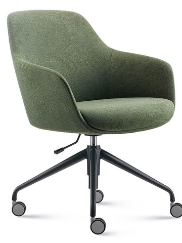 Modern green office chair with wheels and armrests.