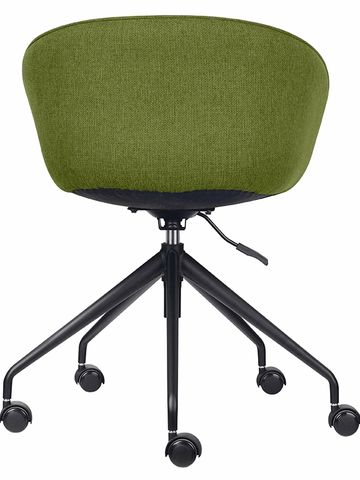 Green office chair with black metal base and wheels.