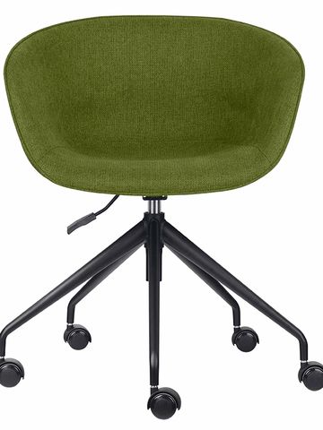 Modern green office chair with black metal legs and wheels.