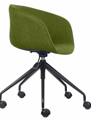 Modern green office chair with black swivel legs and caster wheels.