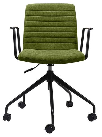 Green office chair with black armrests and wheels.