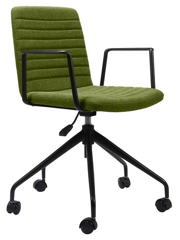 Modern green office chair with black armrests and wheels.