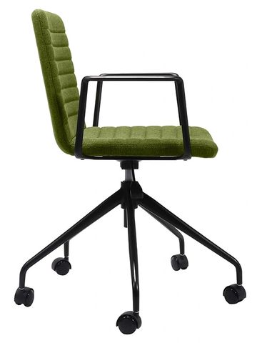 Modern green office chair with black frame and wheels.