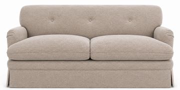 A beige two-seater sofa with rounded arms and button-tufted backrest.