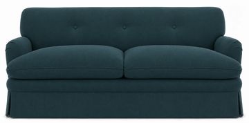 Dark teal upholstered sofa with a skirted base and rounded arms.