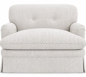 Cozy beige striped armchair with cushioned seat and backrest.