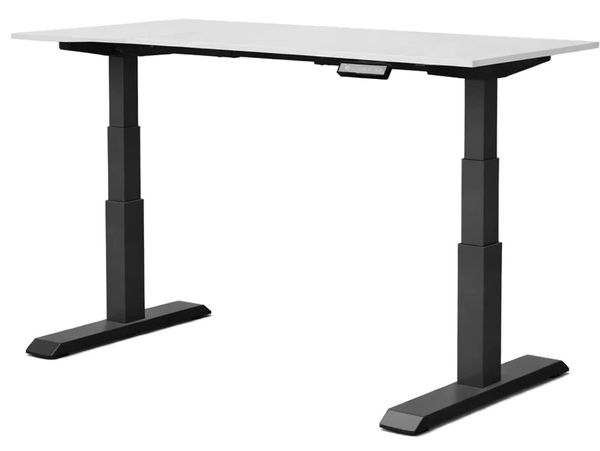 Adjustable standing desk with black legs and white tabletop. 