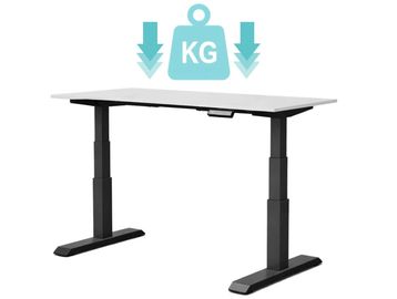Height-adjustable standing desk with weight capacity illustration.