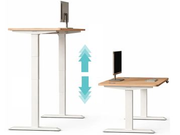 Adjustable height standing desk shown in sitting and standing positions.