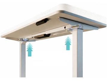 Adjustable height desk mechanism shown from below with upward arrows.