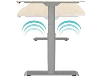 Height-adjustable desk with a sturdy metal frame and wooden top.