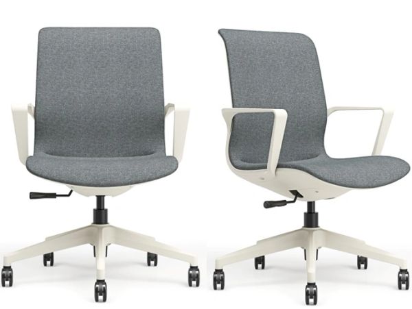 Two modern gray office chairs with white armrests and wheels.