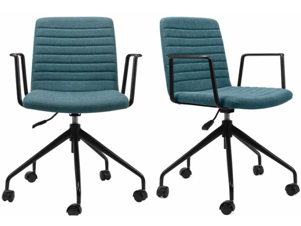 Two modern teal office chairs with black armrests and wheels.