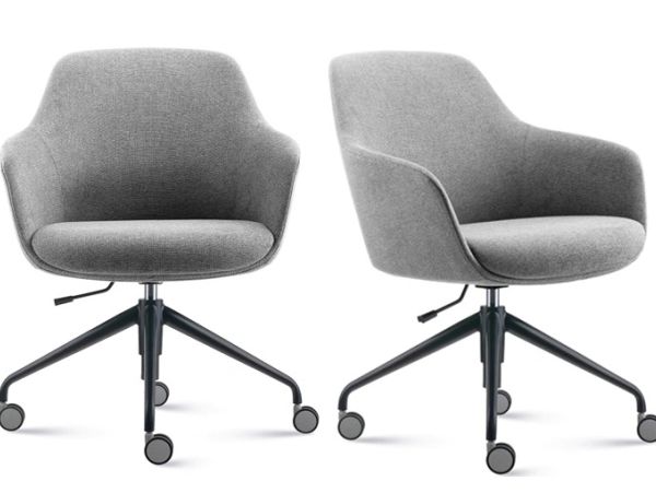 Two modern gray office chairs with black wheeled legs.