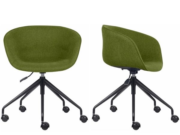 Modern olive green office chairs with black swivel bases and wheels.