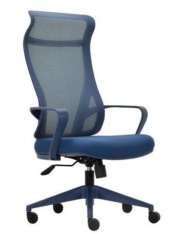 Blue ergonomic office chair with mesh back and wheels.