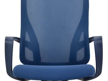 A modern blue office chair with armrests and mesh backrest.