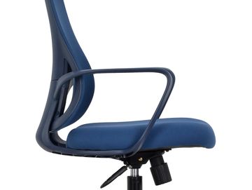 Blue ergonomic office chair with adjustable features and armrests.