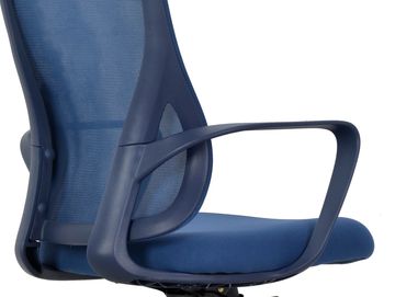 Blue ergonomic office chair with mesh back and armrests.