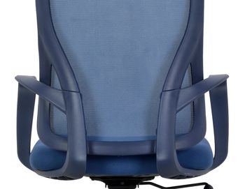 Blue ergonomic office chair with mesh back and armrests.