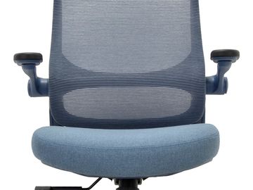 Ergonomic office chair with mesh back and blue cushioned seat.