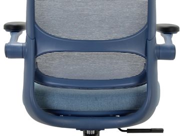 Close-up of a modern ergonomic office chair with blue mesh back and cushioned seat.