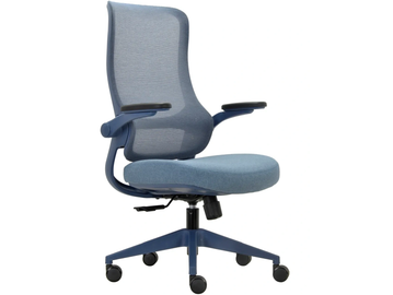 Modern ergonomic office chair with blue mesh back and cushioned seat.