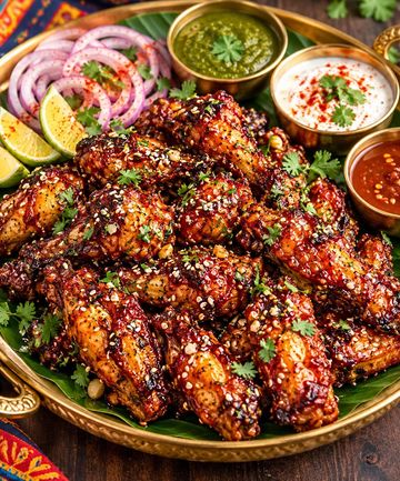 Spicy grilled chicken wings with sauces and garnishes.