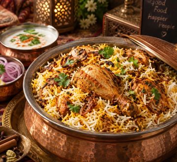 Traditional chicken biryani served in a copper pot.